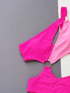 Stylish women colorblock one-piece swimsuit with chic gold ring details, perfect for beach summer.