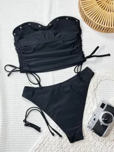 Einfarbiger Nylon-Bikini sexy geraffter Zweiteiler Damen Bademode fur Sommer am Strand.