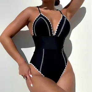 Costume da Bagno Intero Sexy da Donna Cuciture a Contrasto Scollo a V Vita Alta Monokini Poliammide Abito da Spiaggia