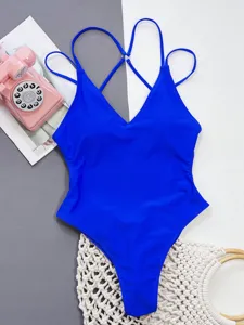 Royal blue one-piece swimsuit for women, sexy v-neck cross strap design high cut beachwear.
