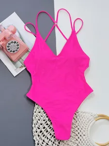 Hot pink one-piece swimsuit for women sexy v-neck cross strap high cut swimwear summer beachwear