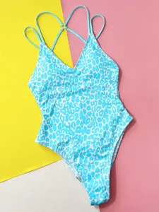 Blue leopard print one piece swimsuit sexy backless v-neck beachwear summer swimwear
