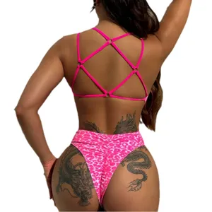 Sexy pink leopard print strappy bikini for women summer beach swimwear holiday swimsuit