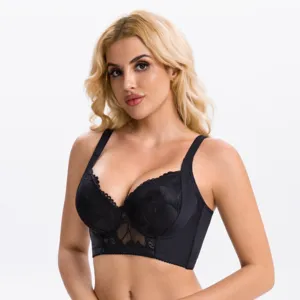 Soutien-gorge push-up en dentelle noire grande taille vue détaillée avec armature et bonnets.