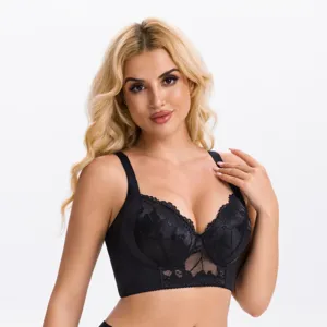Vue détaillée du soutien-gorge en dentelle noire grande taille pour femmes avec armatures confort.