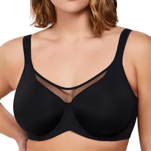 Detailed view of women plus size black underwire bra with stylish mesh neckline trim.