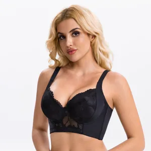 Black lace longline bra detail featuring memory steel ring and wonderful push-up support.