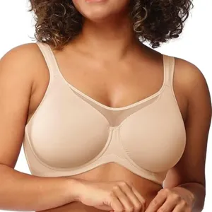 Plus size seamless underwire bra for women, nude push-up bra with breathable mesh detail.