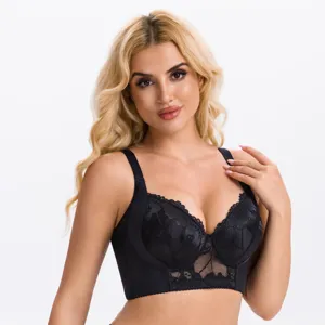 Black lace plus size push-up longline bra detail showcasing exquisite floral patterns and support.