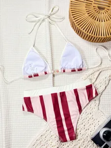 Women sexy two-piece halter bikini swimsuit with cute pink and maroon stripes design.