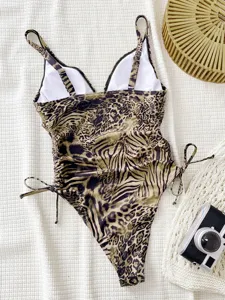 Leoparden Zebraprint Badeanzug mit verstellbaren Trägern und seitlichen Kordeln.