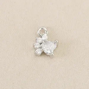 Silver-tone pet cat dog paw charm pendant with cubic zirconia heart detail, DIY jewelry.