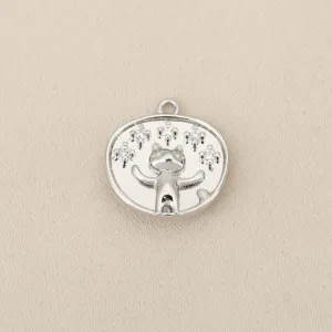 Silver tone metal cat pendant charm with clear cubic zirconia stones for DIY jewelry making.