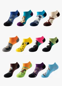 Artistic print low-cut socks detail view, famous painting design, breathable cotton fabric.