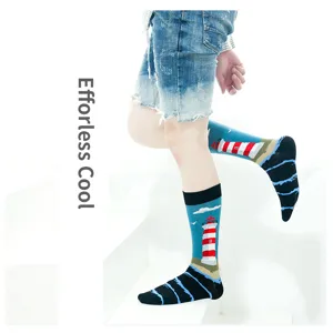 Men lighthouse wave print crew socks street fashion trendy harajuku style mid-calf socks