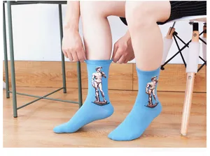 Men blue mid-tube socks featuring classic David statue print, stylish casual streetwear cotton socks.