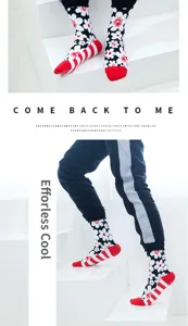 Fashion floral crew socks for men and women, stylish black and red patterned mid-calf socks.