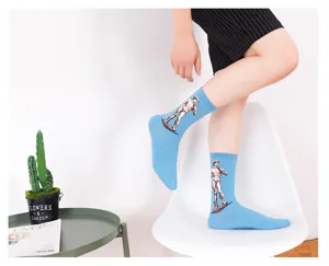 Men mid-tube cotton socks with classical art statue print, vintage street fashion style.