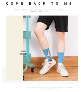 David art print crew socks for men, stylish streetwear cotton casual socks detail shot.