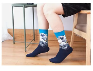 Close-up detail of retro art oil painting mid-calf socks featuring famous wave print design.