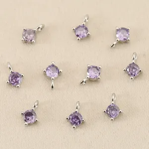 Ronde paarse zirkoon DIY sieraden bedels, verzilverde dubbele lus hanger accessoires.