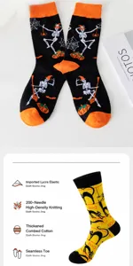 Halloween spooky skeleton pumpkin crew socks funny black cotton socks for women and men