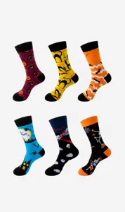 Halloween funny mid tube socks set featuring cute pumpkin bat and skeleton patterns for men and women.