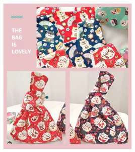 Japanische knoten Canvas Handtasche mit niedlichem Hunde und Katzen Cartoon Print Alltag.
