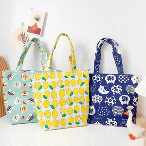 Cartoon Printed Canvas Lunch Bag Portable Zippered Handbag Cute Animal Fruit Tote Bag For Students Office Workers