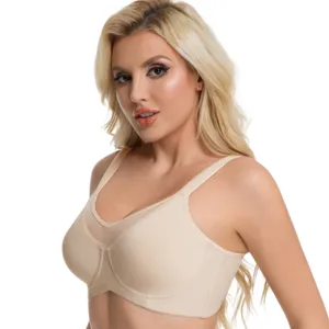 Detailed view of the plus-size underwire bra featuring breathable mesh and smooth beige fabric.