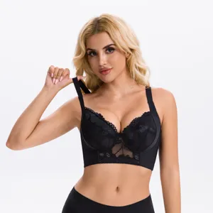 Black lace plus size longline bra with memory underwire, offering great support and lift.