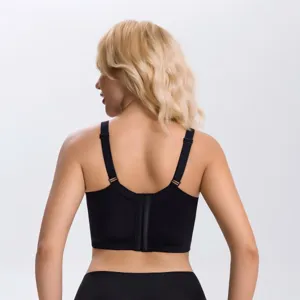 Back view details of plus size black bra showing adjustable straps and hook-and-eye closure.