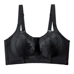 Detailed view of women's black lace plus size bra with supportive underwire and straps.