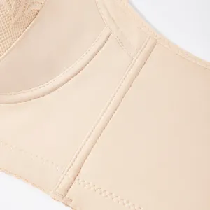 Gros plan detail de la texture de dentelle et de couture de soutien-gorge galbante nude.