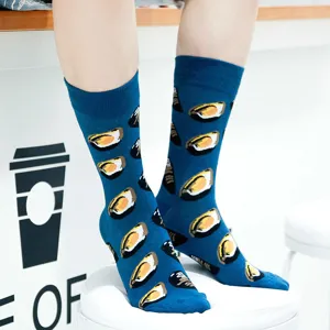 Unisex blue crew socks featuring fun sushi salmon print, trendy streetwear style for daily wear.