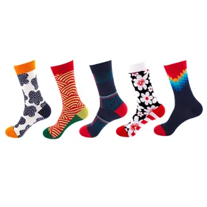 Colorful patterned mid-calf socks set, casual fashion crew socks displayed in a row on white.