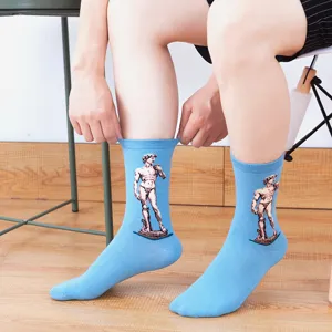 Men mid tube socks classic art sculpture blue cotton casual streetwear fashion hosiery