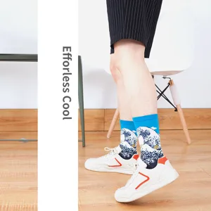 Men mid-tube trendy socks with vintage art wave print, comfortable casual streetwear style.