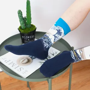 Men vintage wave print mid-tube socks breathable cotton casual fashion streetwear hosiery.
