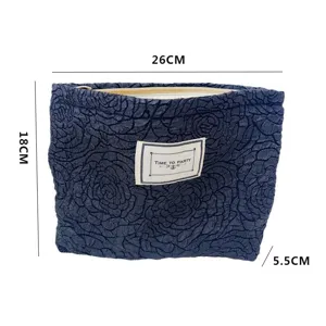 Dark blue rose jacquard cosmetic pouch portable travel makeup storage bag stylish clutch.