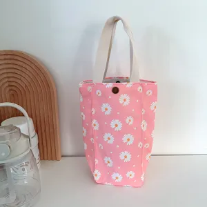 Sac cabas en toile rose avec motif de marguerites mignonnes, porte-tasse portable et petit sac.