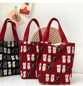 Cute lucky cat printed canvas tote bag, bento lunch handbag, student daily storage bag.