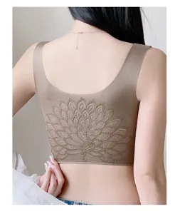 Rückseitiges Detail des nahtlosen Damen-Bralettes mit filigranem Pfauenfeder-Muster