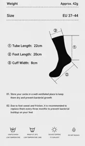 Detailed size chart showing sock length, foot length, and cuff width with clear specs.