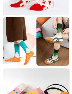 Colorful women's mid-tube socks featuring fun dopamine ice cream and strawberry fashion patterns.