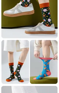Men sports mid tube socks detail view with creative baseball and football patterns.