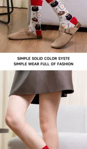 Cute cartoon cat fries pattern cotton socks paired with stylish casual clogs for daily wear.