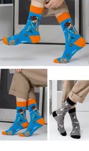 Unisex cotton mid-calf socks featuring creative mermaid and seagull prints with vibrant color blocks.