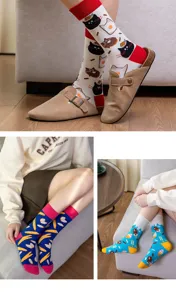 Detailed view of cute cartoon socks with fun burger, fries and cat patterns, comfortable wear.