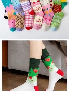 Women cute cotton mid-tube socks with sweet ice cream and strawberry patterns, fashion style.